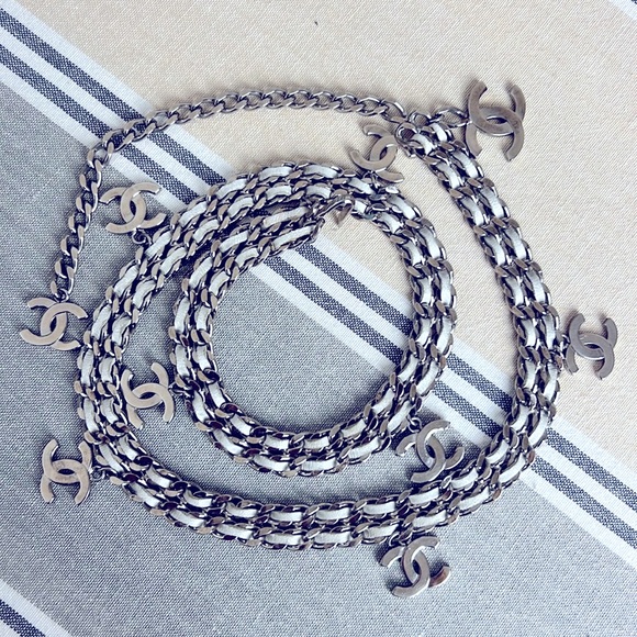 Chanel silver tone chain belt white leather CC coco Authentic
